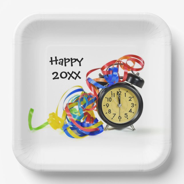 Happy New Year Clock Party Paper Plates (Front)
