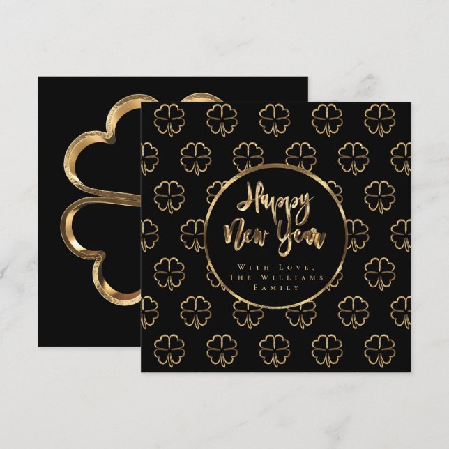 Happy New Year Clover Elegant Black and Gold Chic Holiday Card (Front/Back)