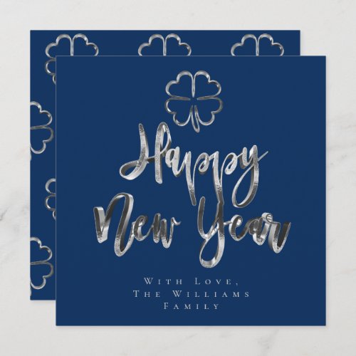 Happy New Year Clovers Elegant Faux Silver Blue Holiday Card