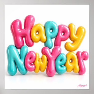 Happy New Year Colorful Bubble Lettering Print
