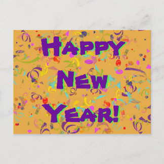 Happy New Year Colorful Confetti Orange Background Postcard