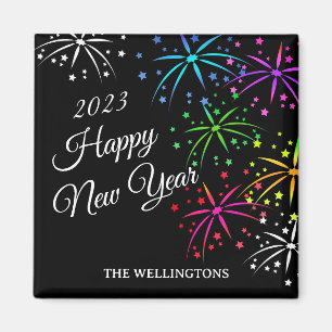 Happy new year colorful fireworks script magnet
