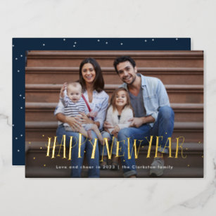Happy new year confetti one photo navy foil holiday card