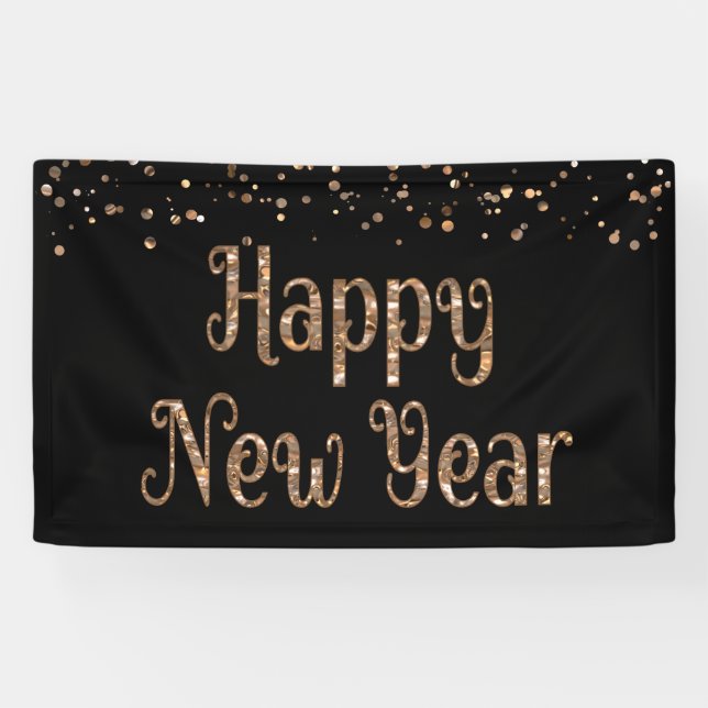 HAPPY NEW YEAR Copper Gold Confetti Black Banner (Horizontal)
