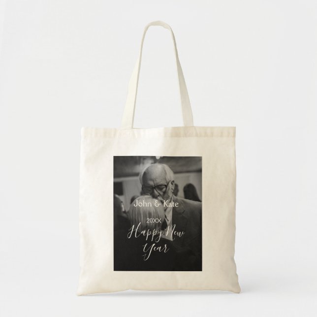 Happy new year couple photo name year black white  tote bag (Front)