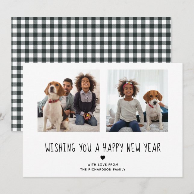Happy New Year | Cute Black and White Two Photo Holiday Card (Front/Back)