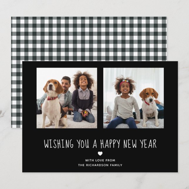 Happy New Year | Cute Black Two Photo Holiday Card (Front/Back)