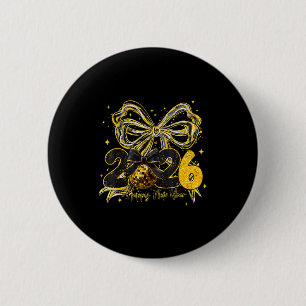 Happy New Year Cute Gold Disco Ball Bow New Year's Button
