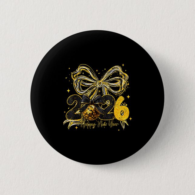 Happy New Year Cute Gold Disco Ball Bow New Year's Button (Front)