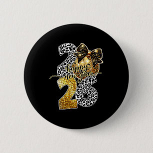 Happy New Year Cute Gold Disco Ball Bow New Year's Button