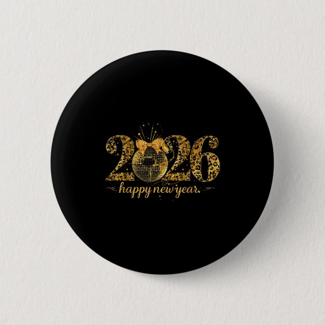 Happy New Year Cute Gold Disco Ball Bow New Year's Button (Front)