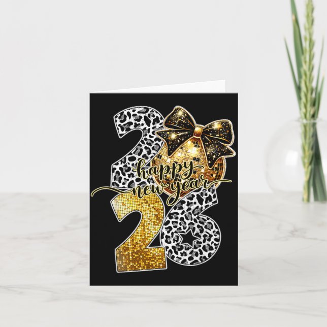 Happy New Year Cute Gold Disco Ball Bow New Year's Card (Front)