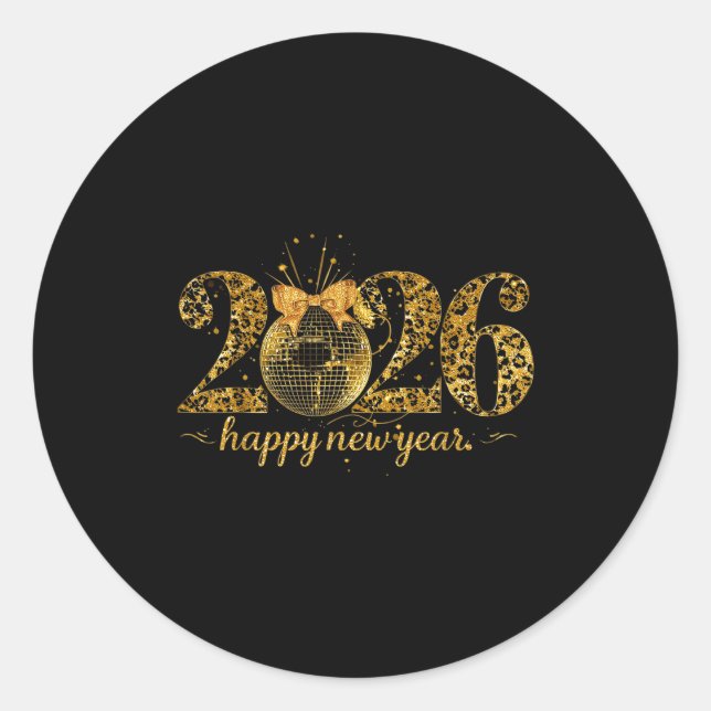 Happy New Year Cute Gold Disco Ball Bow New Year's Classic Round Sticker (Front)