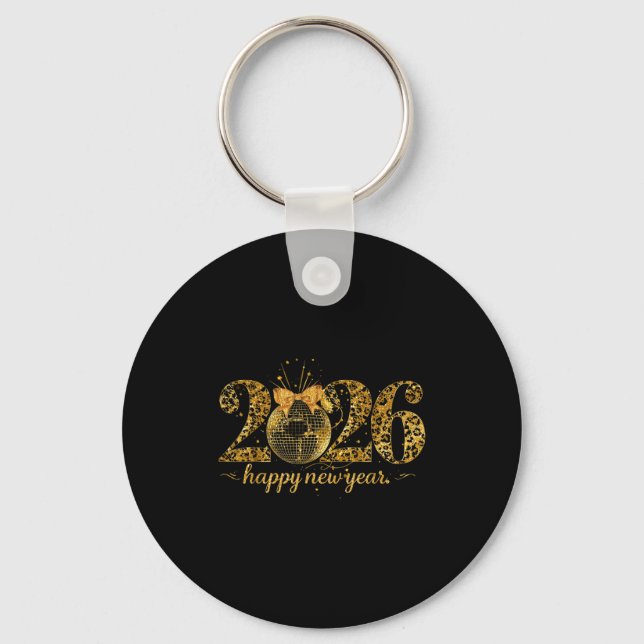 Happy New Year Cute Gold Disco Ball Bow New Year's Keychain (Front)