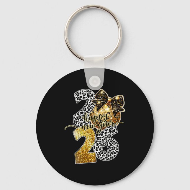 Happy New Year Cute Gold Disco Ball Bow New Year's Keychain (Front)