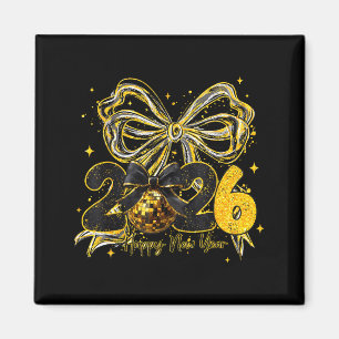Happy New Year Cute Gold Disco Ball Bow New Year's Magnet