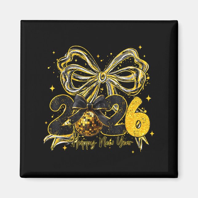 Happy New Year Cute Gold Disco Ball Bow New Year's Magnet (Front)