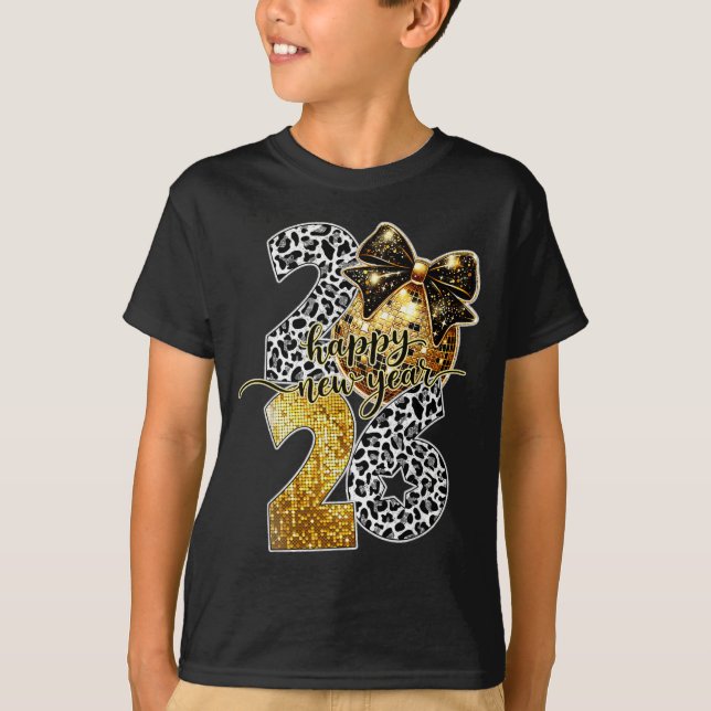 Happy New Year Cute Gold Disco Ball Bow New Year's T-Shirt (Front)
