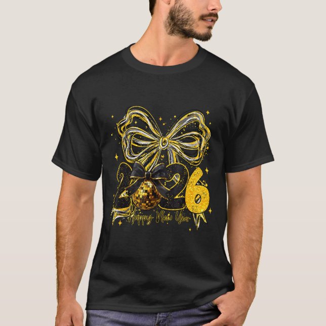 Happy New Year Cute Gold Disco Ball Bow New Year's T-Shirt (Front)
