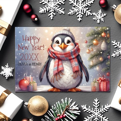 happy new year cute penguin Flat Holiday Card