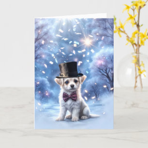 Happy New Year Cute Puppy Dog with Confetti Hat Card