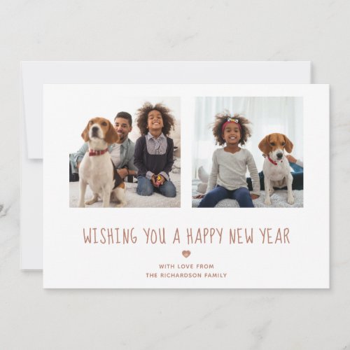Happy New Year  Cute Rose Gold Two Photo Holiday Card