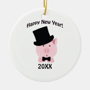Happy New Year! Dapper Pig Ceramic Ornament