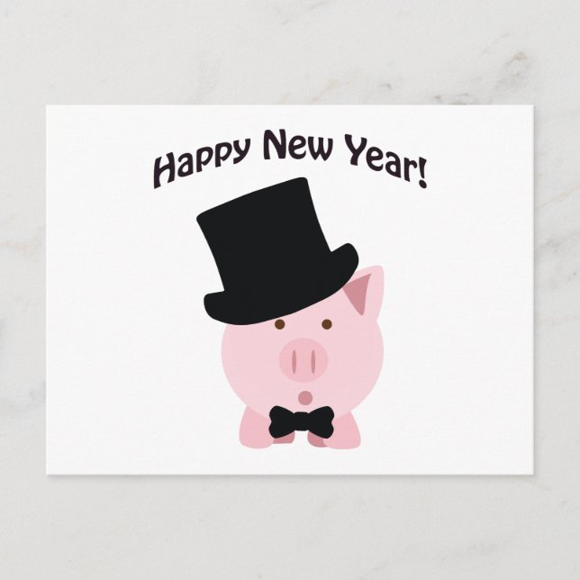 Happy New Year! Dapper Pig Holiday Postcard (Front)