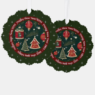 Happy New Year: Dark Red Forest Green Personalized Ornament Card