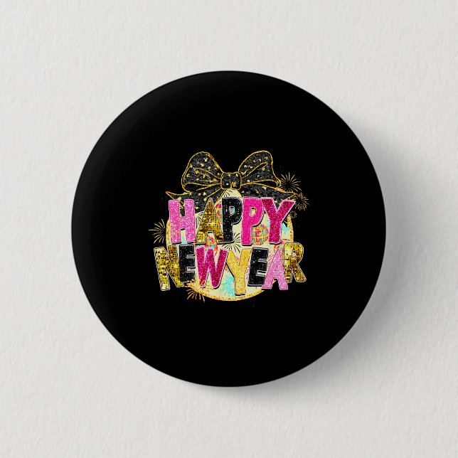 Happy New Year Disco Ball Coquette Bow New Years E Button (Front)