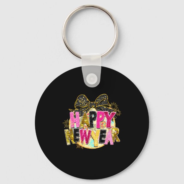 Happy New Year Disco Ball Coquette Bow New Years E Keychain (Front)