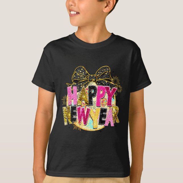 Happy New Year Disco Ball Coquette Bow New Years E T-Shirt (Front)
