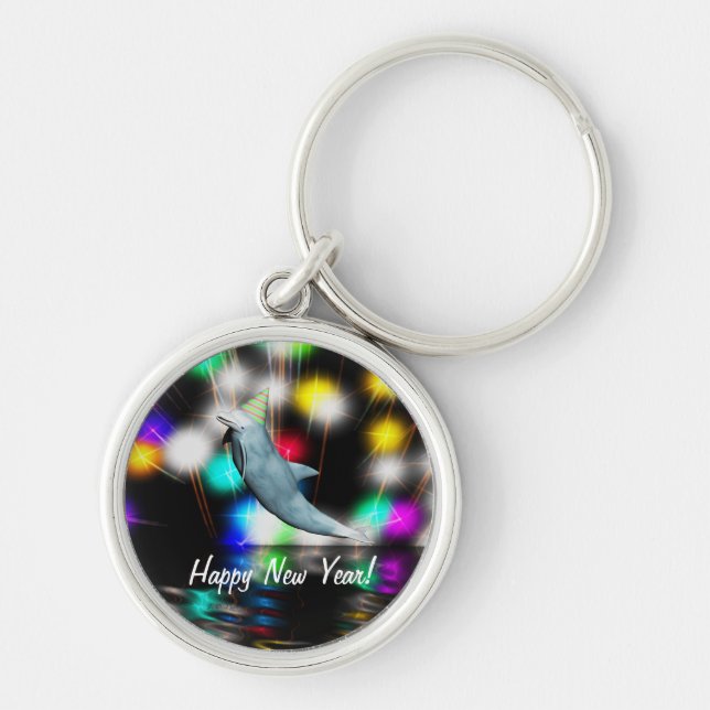 Happy New Year Dolphin and Fireworks Keychain (Front)