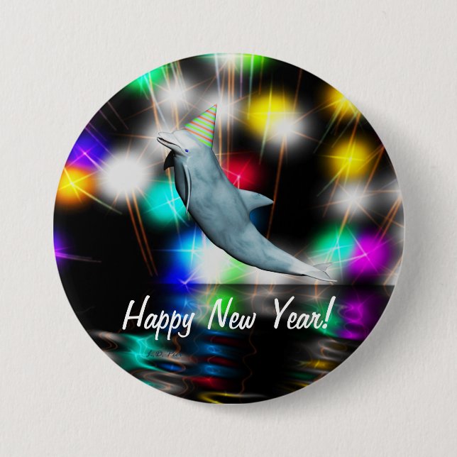 Happy New Year Dolphin Pinback Button (Front)