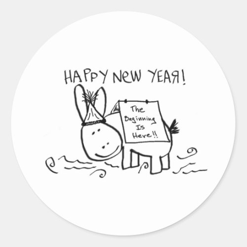 happy new year donkey classic round sticker