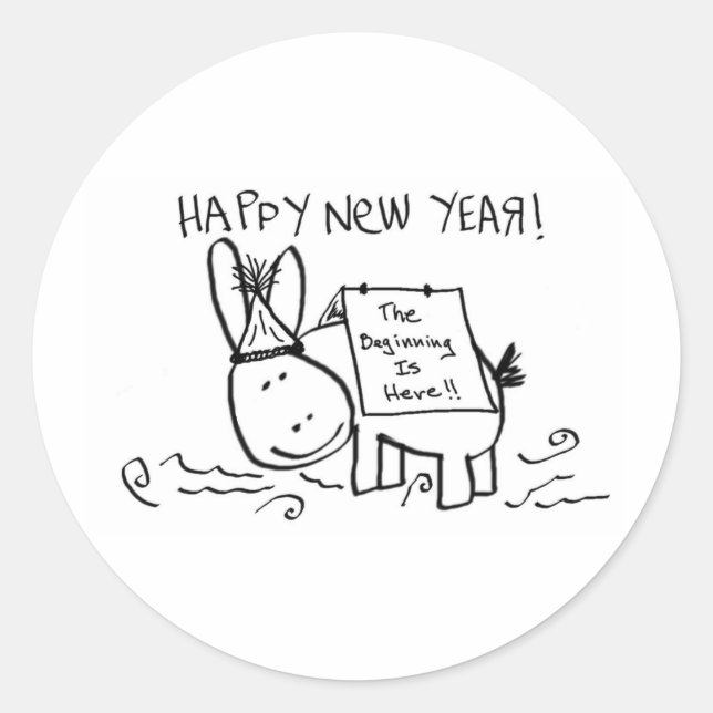 happy new year donkey classic round sticker (Front)
