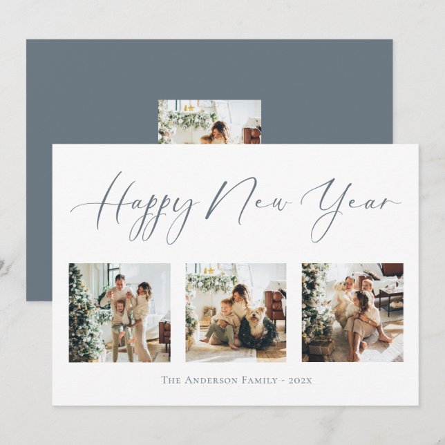 Happy New Year Dusty Blue Multi Photo Collage Holiday Card (Front/Back)
