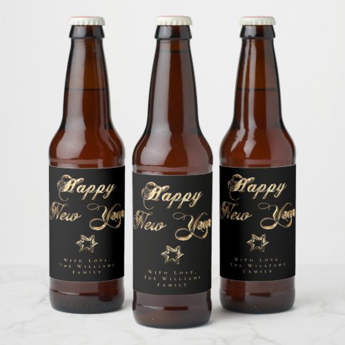 Happy New Year Elegant Black and Gold Look Star Beer Bottle Label