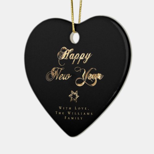 Happy New Year Elegant Black and Gold Look Stars Ceramic Ornament