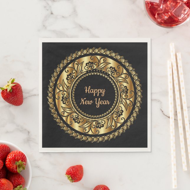 Happy New Year, elegant black and gold, Napkins (Insitu)