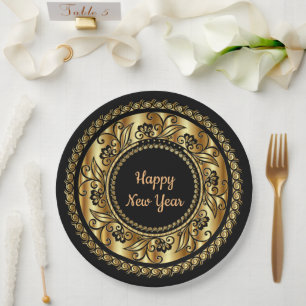 Happy New Year, elegant black and gold, Paper Plates
