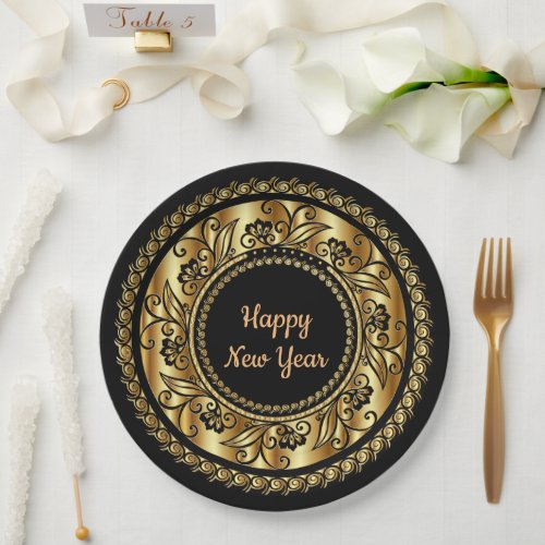 Happy New Year elegant black and gold Paper Plates