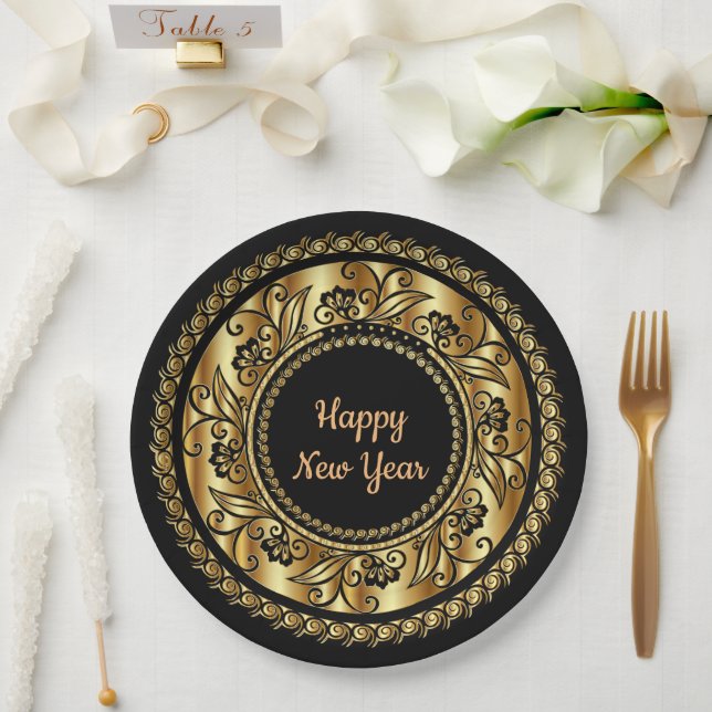 Happy New Year, elegant black and gold, Paper Plates (Wedding)