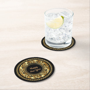 Happy New Year, elegant black and gold, Round Paper Coaster