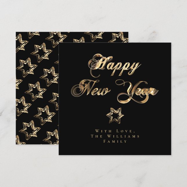 Happy New Year Elegant Black and Gold Stars Holiday Card (Front/Back)