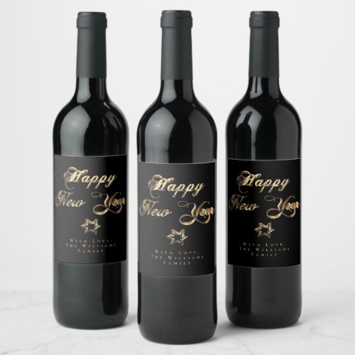 Happy New Year Elegant Black and Gold Stars Wine Label