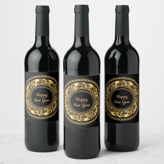 Happy New Year, elegant black and gold, Wine Label (Bottles)