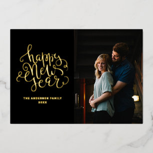 Happy New Year. Elegant black gold script photo  Foil Holiday Card