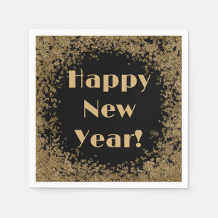 Happy New Year Elegant Gold and Black Glitter Napkins