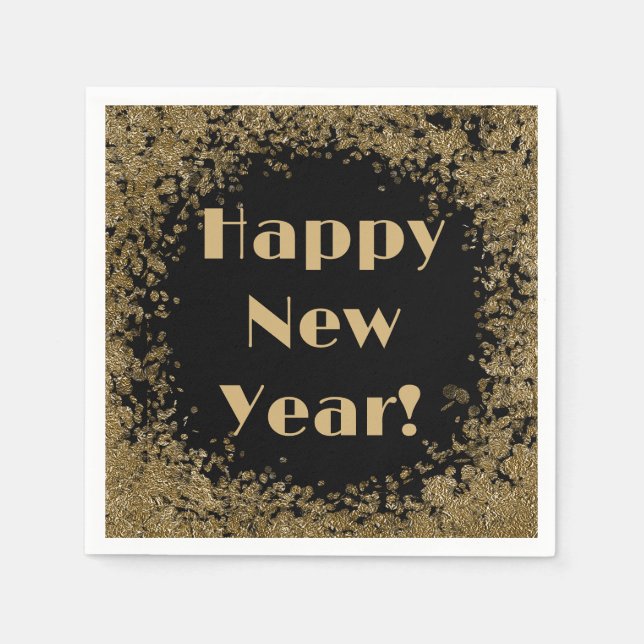 Happy New Year Elegant Gold and Black Glitter Napkins (Front)